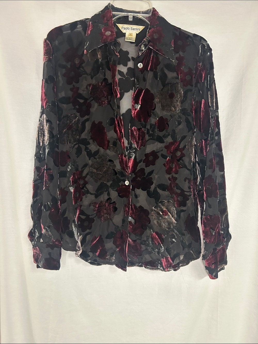 Vintage Black Sheer Velvet Burnout Floral Button-Up Blouse - Picture 1 of 2